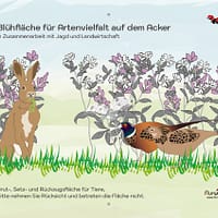 Schild "Blühfläche für Artenvielfalt" mit Feldhase und Fasan
